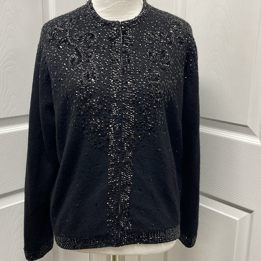 Vintage Angora Lambs Wool Black Sequin Cardigan Sweater